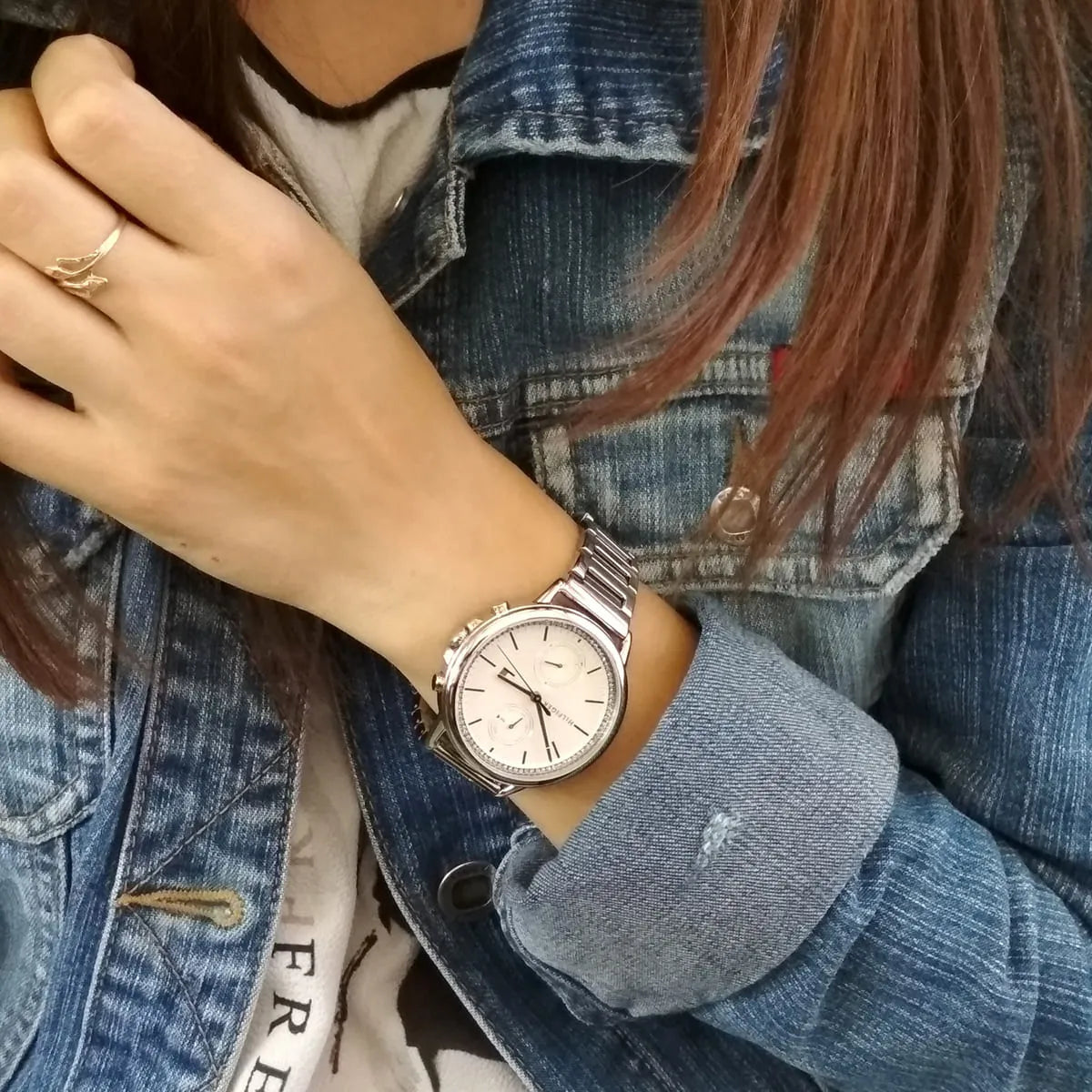 Tommy Hilfiger Carly women's watch on wrist with stainless steel bracelet