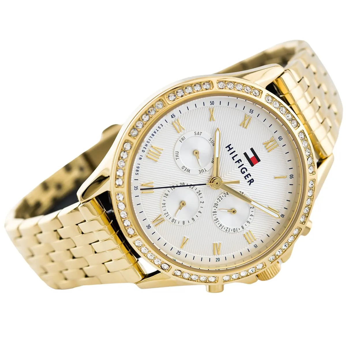 Three-quarter view of Tommy Hilfiger Ari women's watch with crystal bezel and white chronograph dial