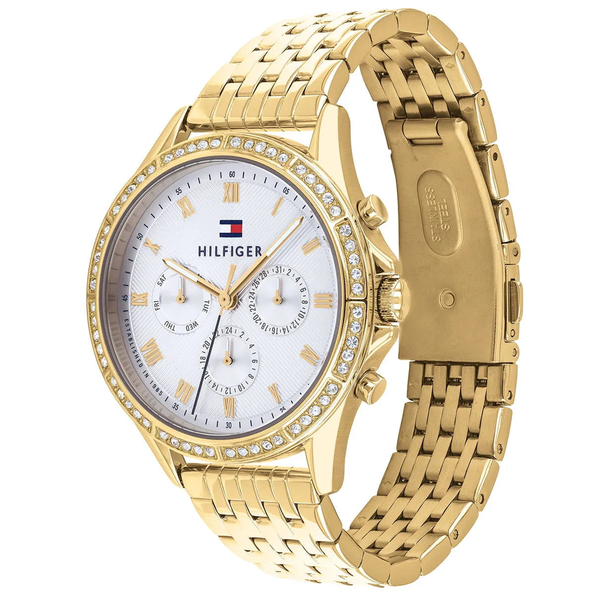 Side profile of Tommy Hilfiger Ari women's watch with gold-tone case and bracelet