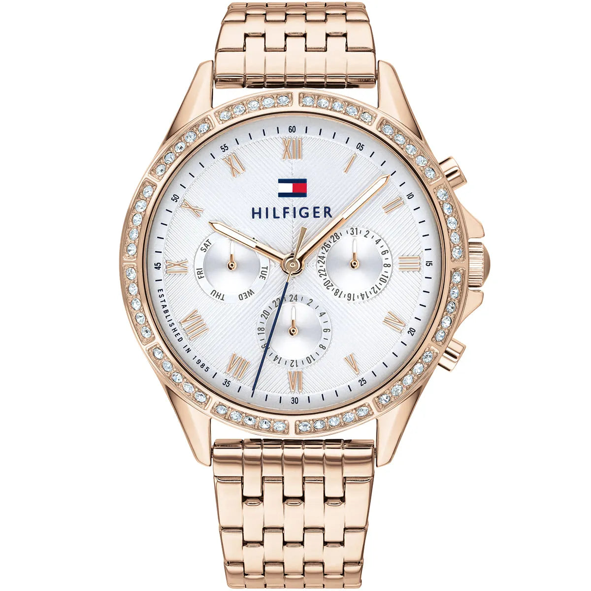 Tommy Hilfiger Ari watch with silver dial, gold tone stainless steel case and bracelet strap