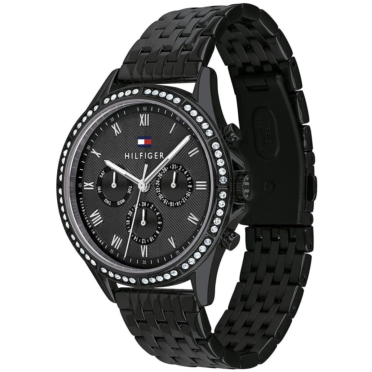Tommy Hilfiger Ari women's watch with black rubber strap and crystal bezel on chronograph dial