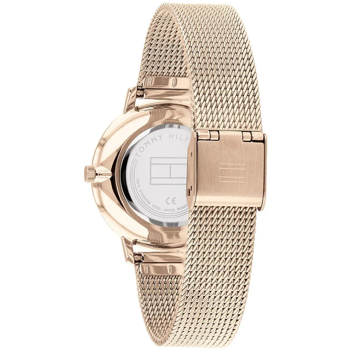 Tommy Hilfiger watch caseback with mesh strap clasp detail