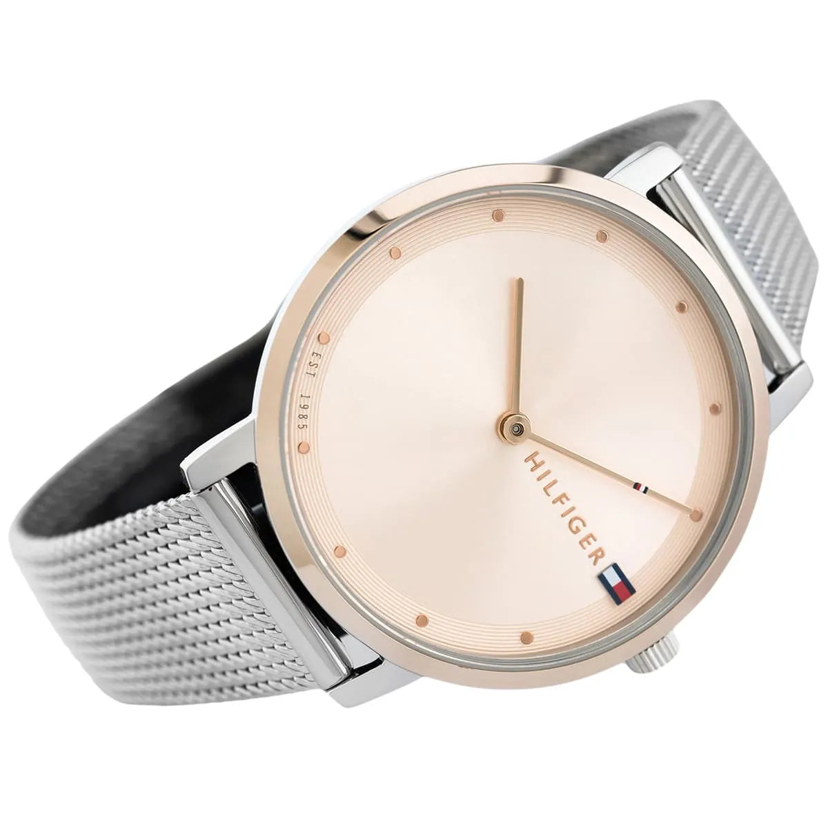 Angled view of Tommy Hilfiger Pippa women's quartz watch with mesh strap