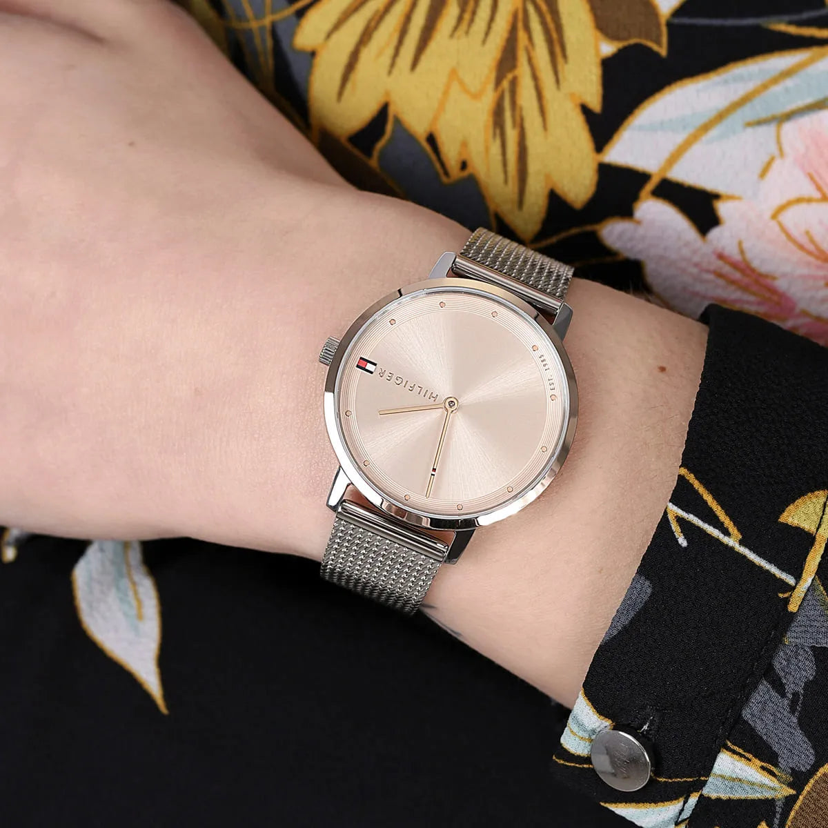 Tommy Hilfiger Pippa watch worn on wrist with mesh strap