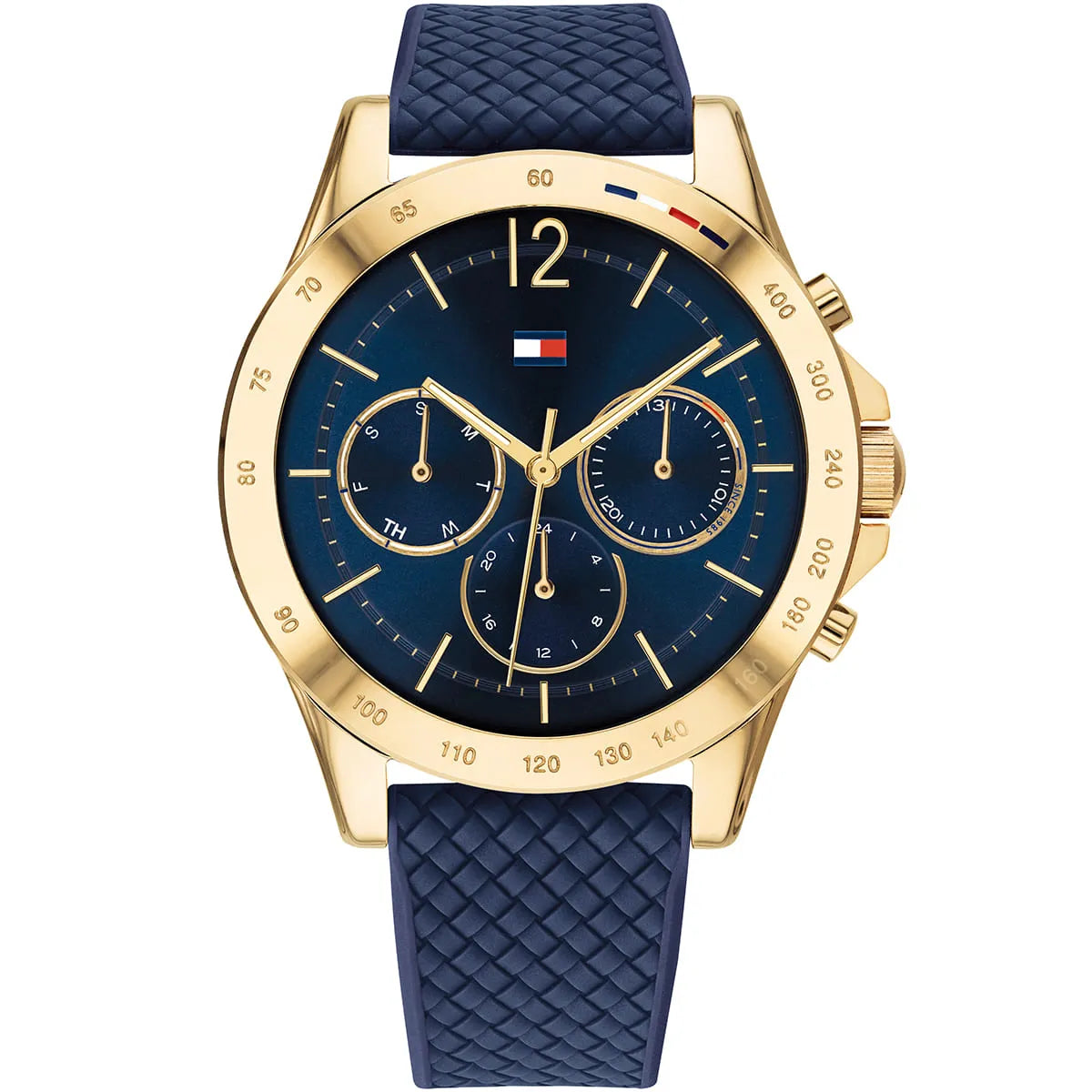 Tommy Hilfiger Haven gold-tone chronograph watch with blue dial and navy rubber strap