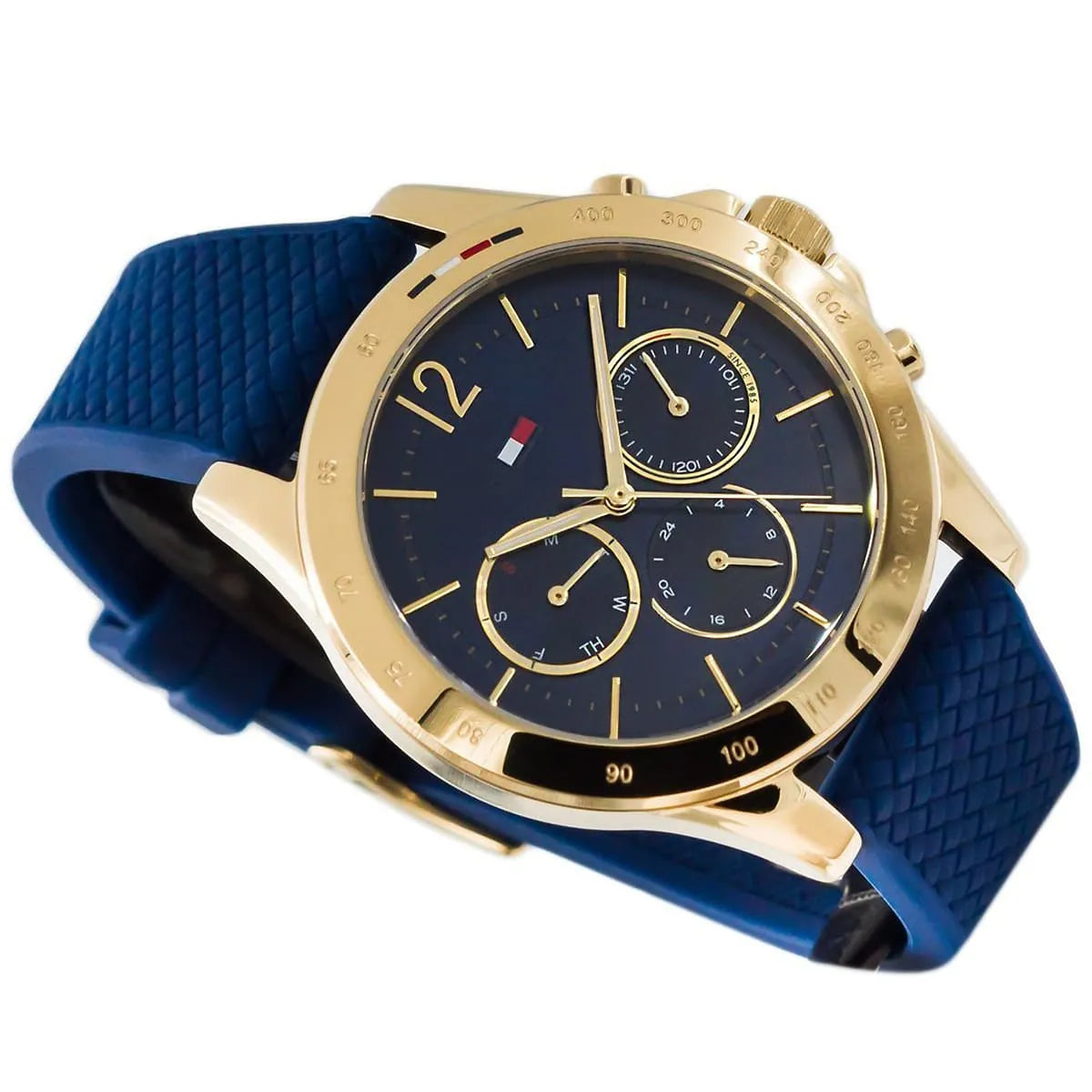 Tommy Hilfiger Haven chronograph watch with blue strap on gray surface