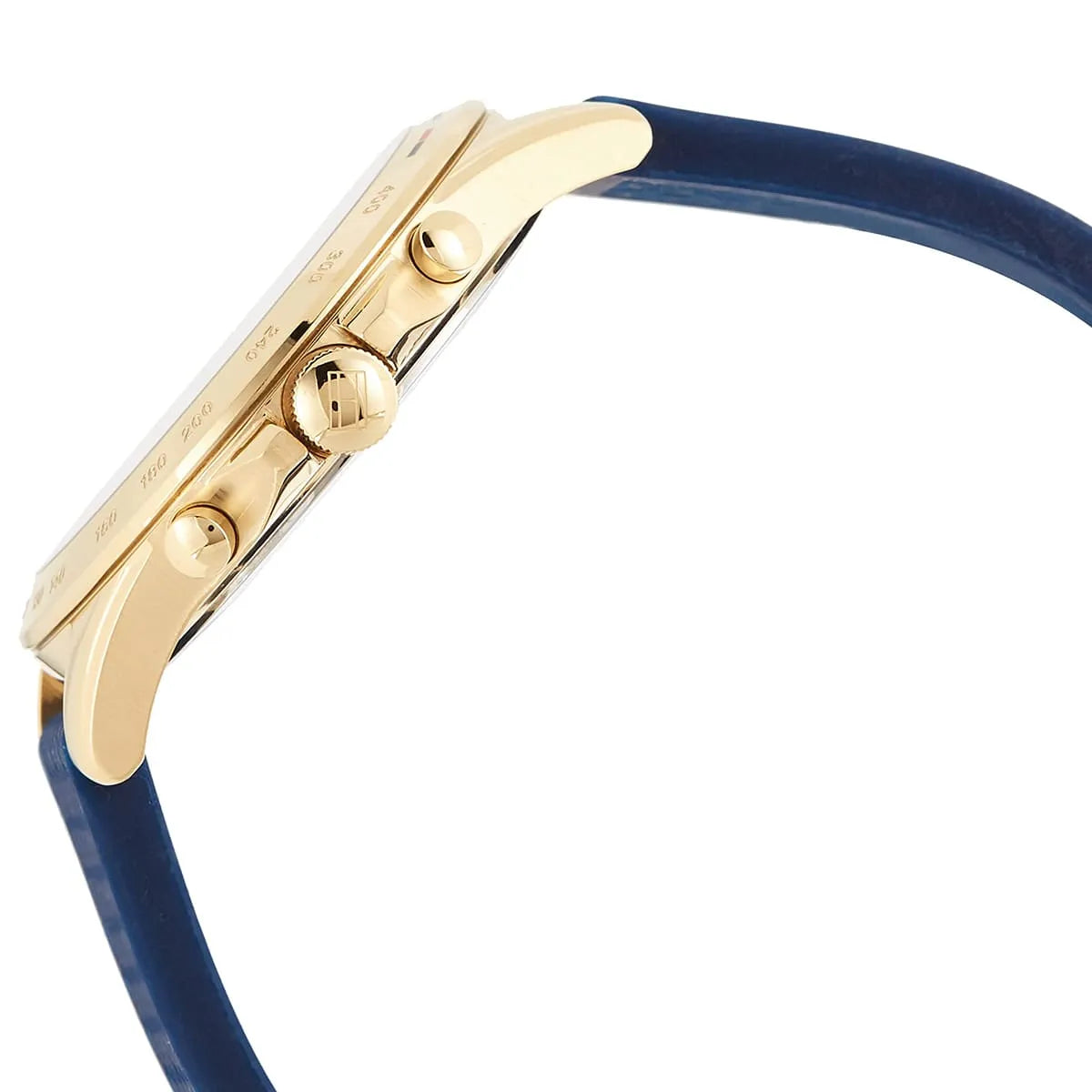 Tommy Hilfiger Haven watch side profile showing gold case and blue rubber strap detail