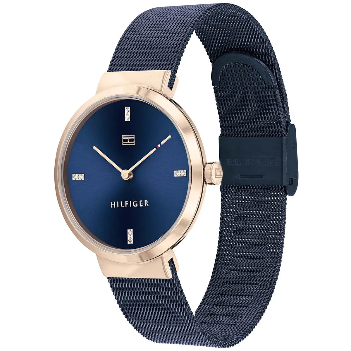 Tommy Hilfiger Liberty watch at angle showing blue dial and mesh metal strap