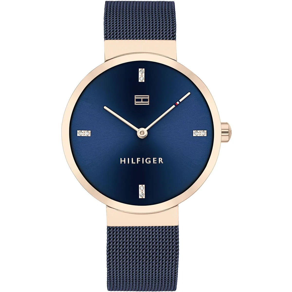 Tommy Hilfiger Liberty women's watch with blue dial and crystal accents, rose-gold case, navy mesh strap