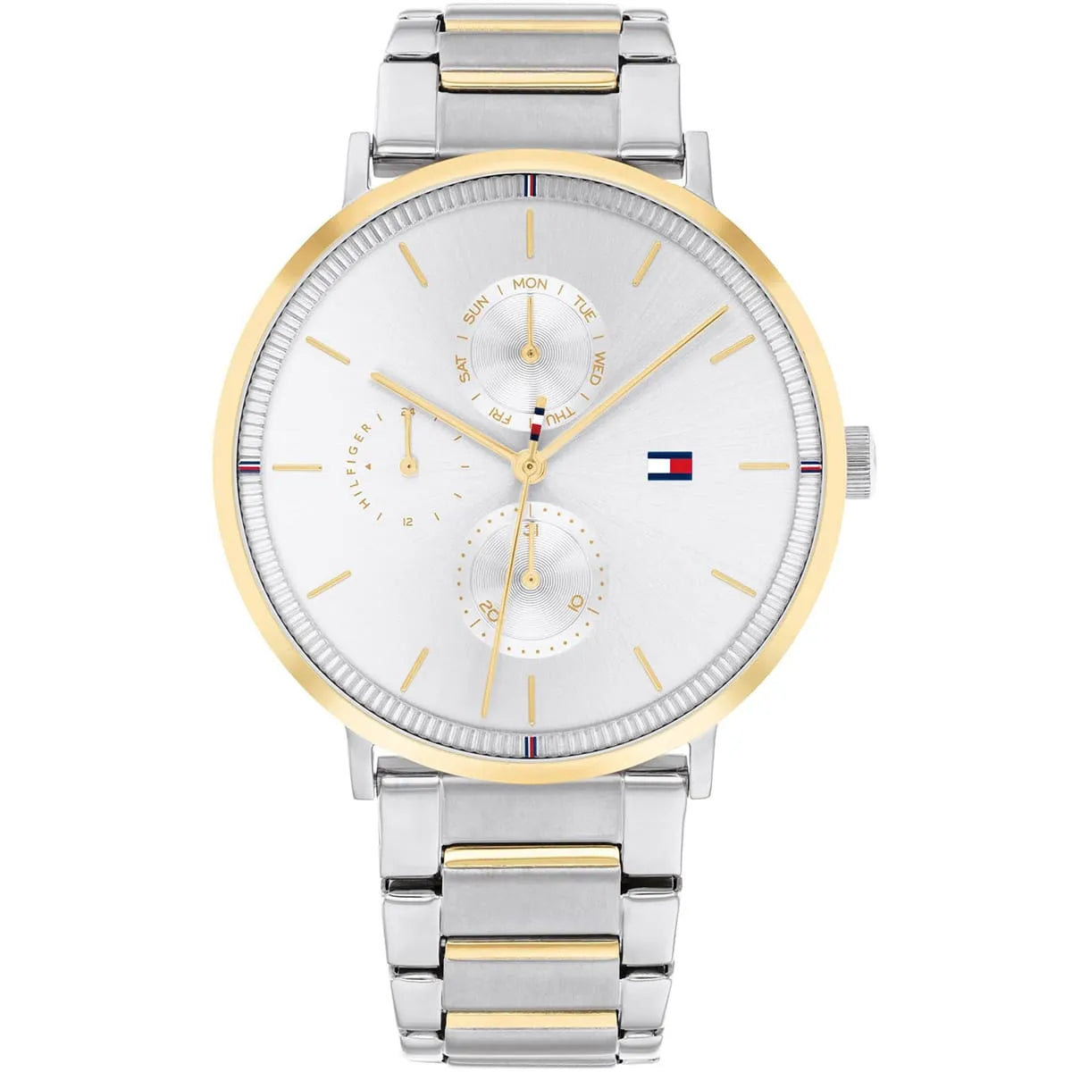 Tommy Hilfiger Jenna women's watch with silver dial, gold bezel, and mixed metal strap