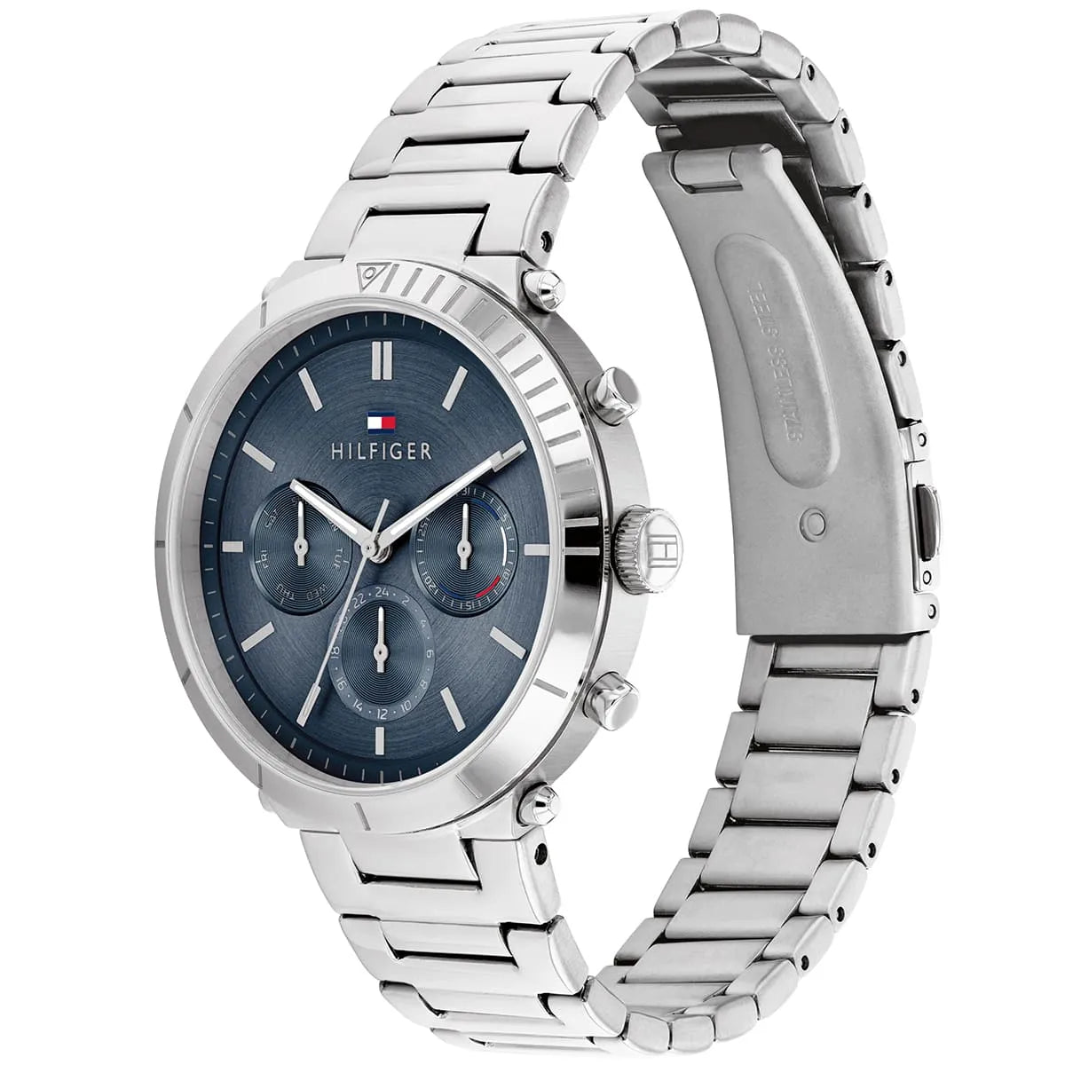 Side view of Tommy Hilfiger women's chronograph watch with metal bracelet and blue dial