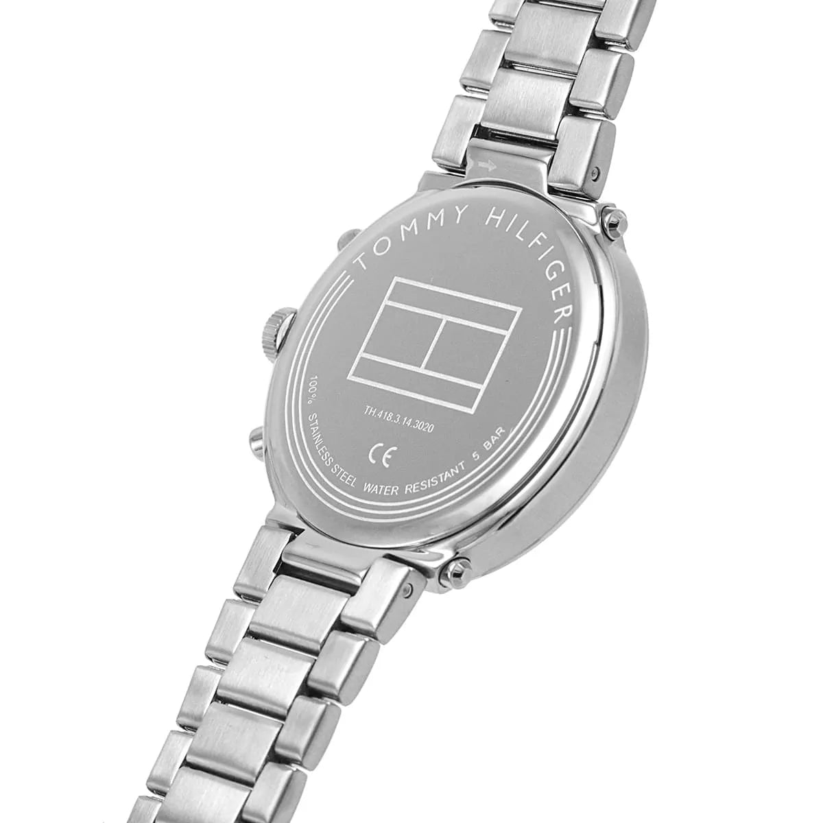 Back of Tommy Hilfiger women's watch showing case back engraving and metal bracelet