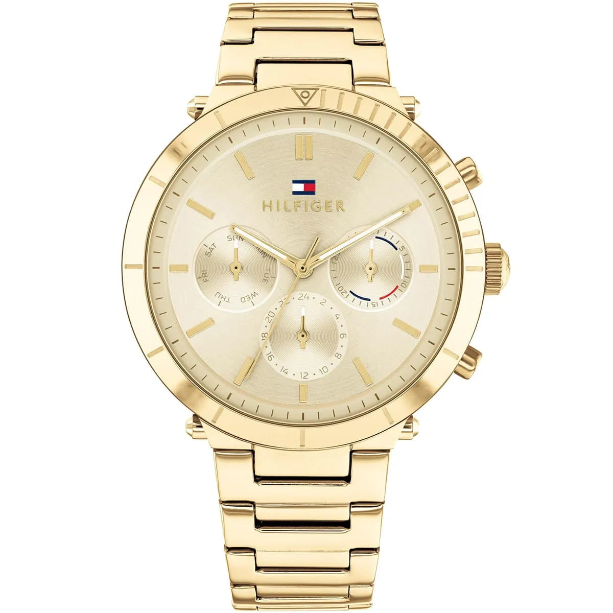 Tommy Hilfiger Emery gold chronograph women's watch with cream dial and metal bracelet