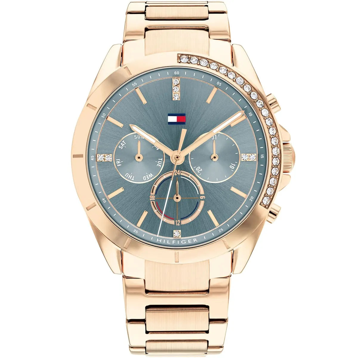 Tommy Hilfiger Kennedy women's watch with rose gold case, blue dial, and multifunction chronograph subdials
