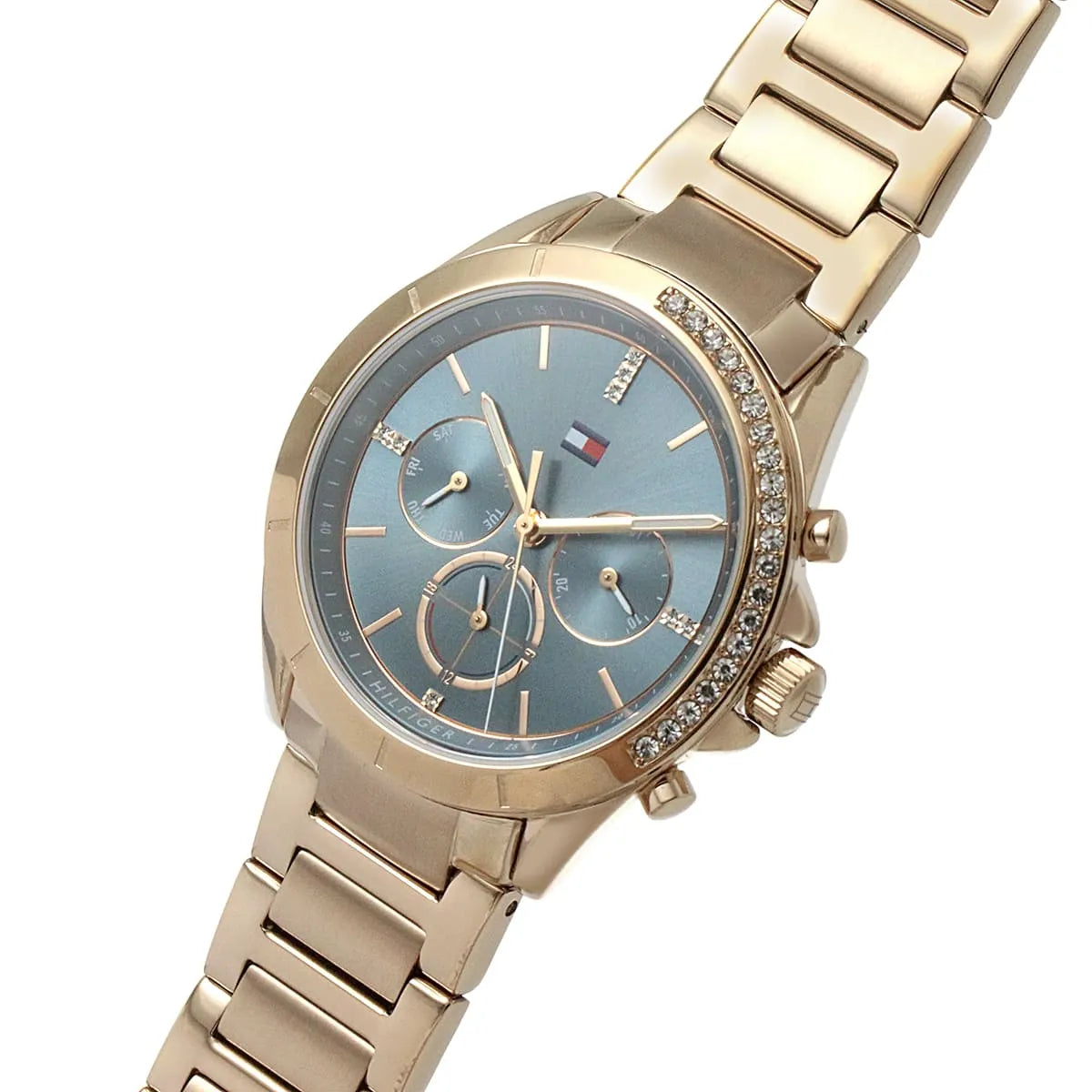 Side view of Tommy Hilfiger Kennedy women's watch with rose gold bracelet and chronograph subdials