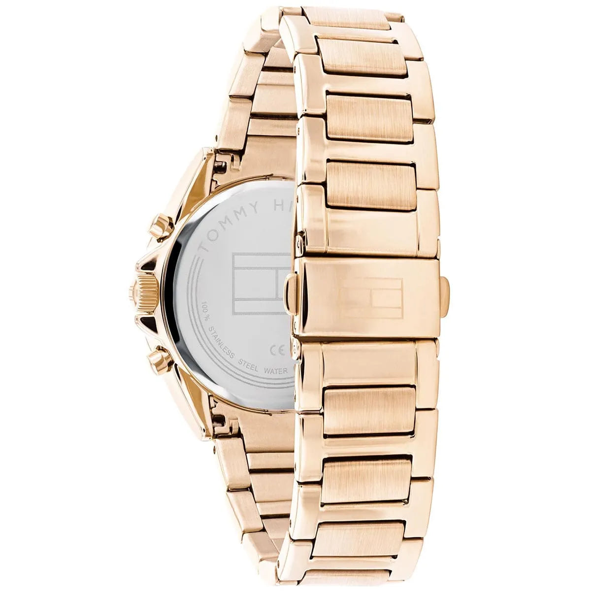 Rose gold metal bracelet and pushers of Tommy Hilfiger Kennedy multifunction watch