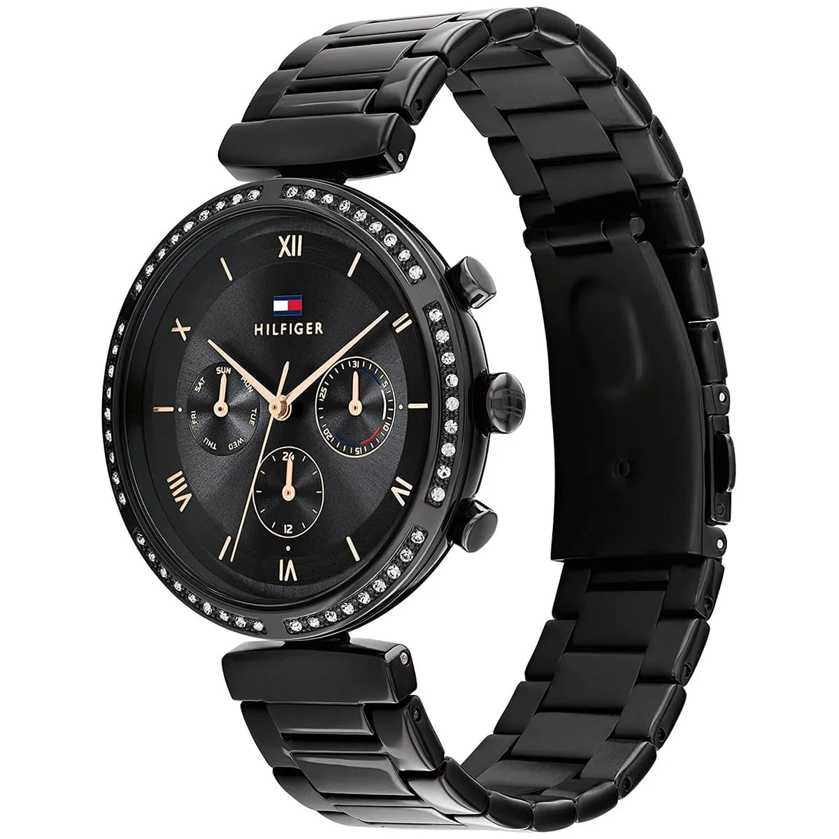 Tommy Hilfiger women's chronograph watch shown at angle with metal strap