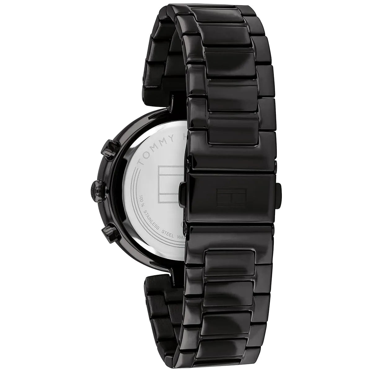 Tommy Hilfiger watch caseback showing stainless steel metal band