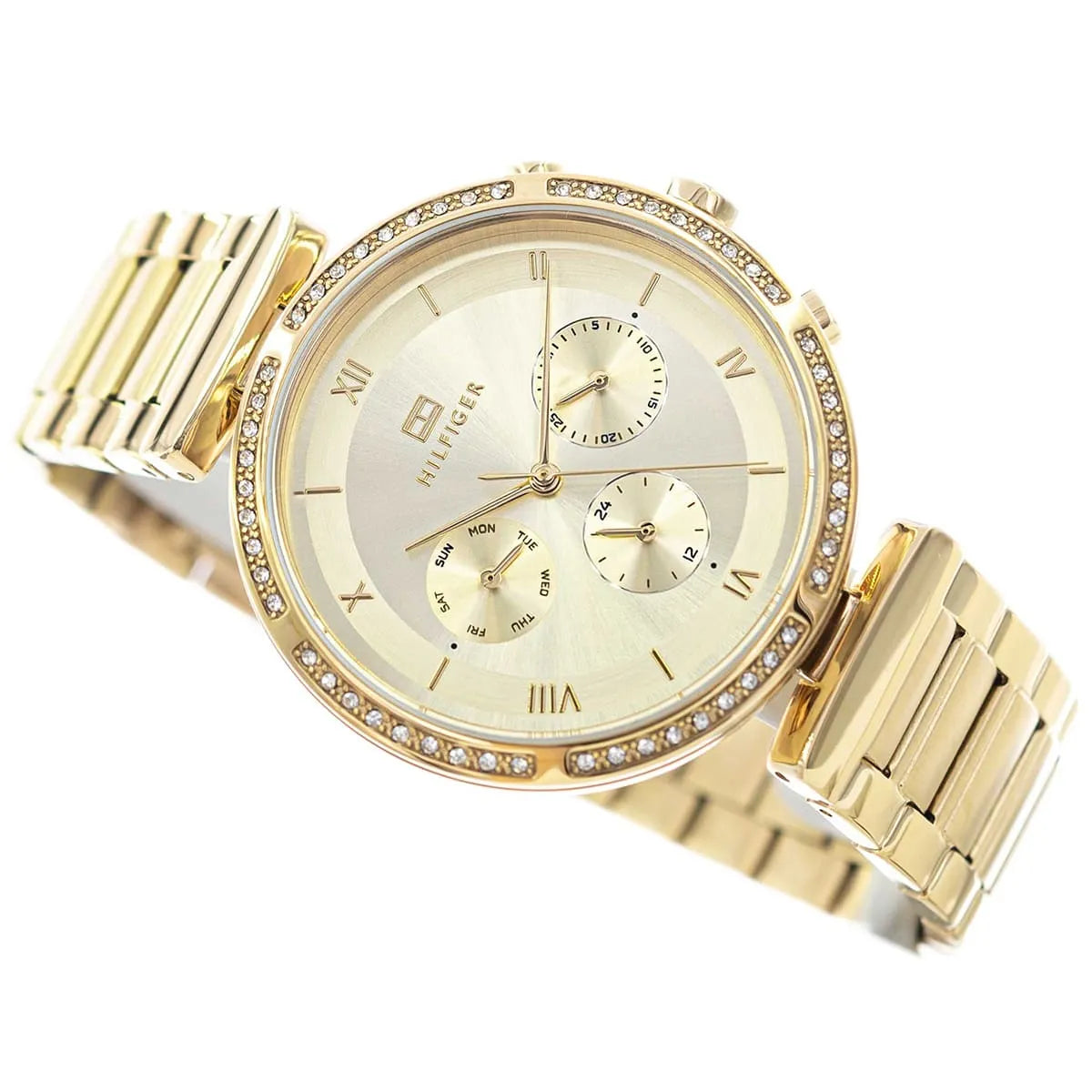 Tommy Hilfiger 1782392 gold-tone women's chronograph watch at angle with visible subdials