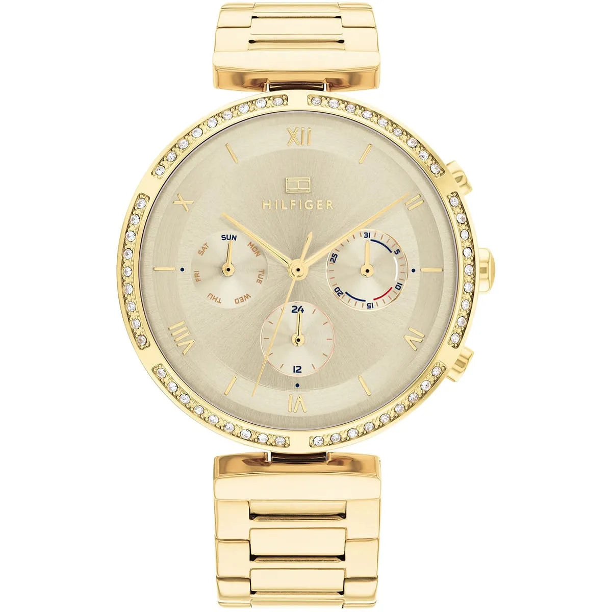 Tommy Hilfiger 1782392 women's gold-tone chronograph watch with crystal bezel and champagne dial