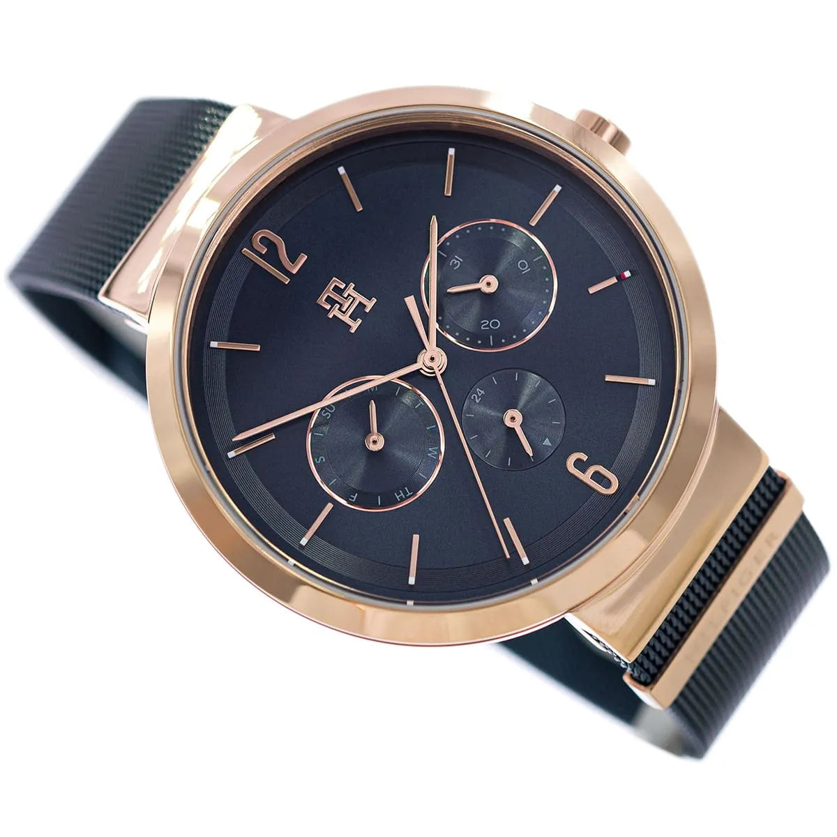 Tommy Hilfiger chronograph watch with blue dial and rose gold bezel on mesh band