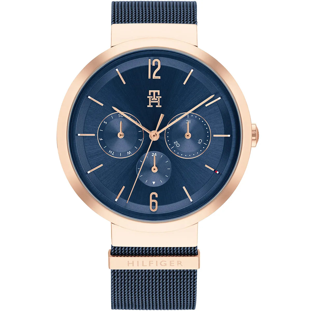 Tommy Hilfiger women's watch with blue dial, rose gold case, and blue mesh strap