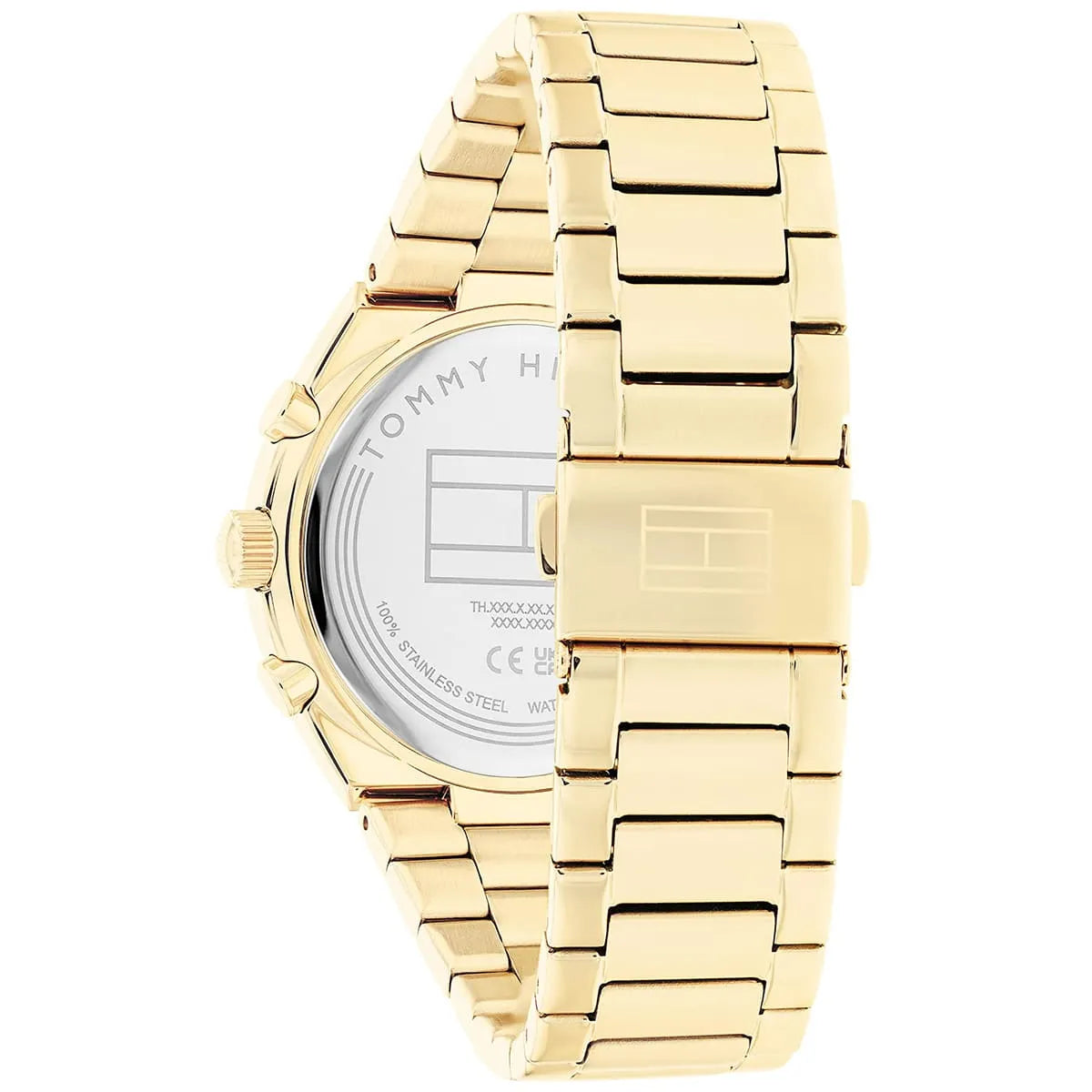 Case back of Tommy Hilfiger Carrie gold watch showing stainless steel construction