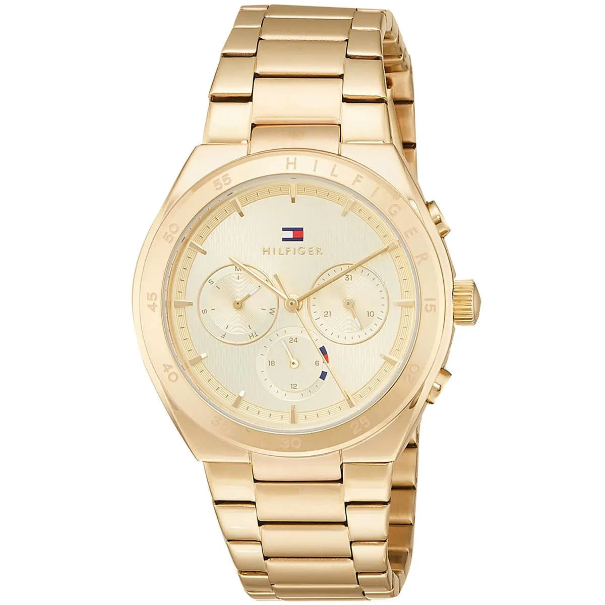 Side view of Tommy Hilfiger Carrie gold chronograph watch with metal bracelet