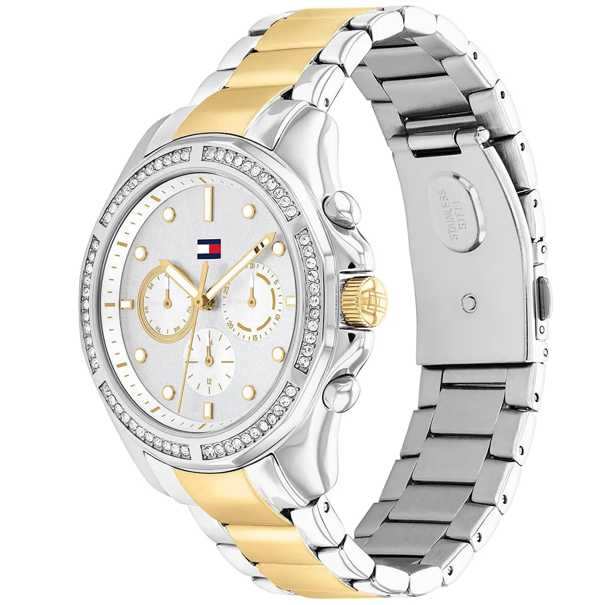 Side angle view of Tommy Hilfiger watch showing two-tone metal bracelet and crystal-set bezel