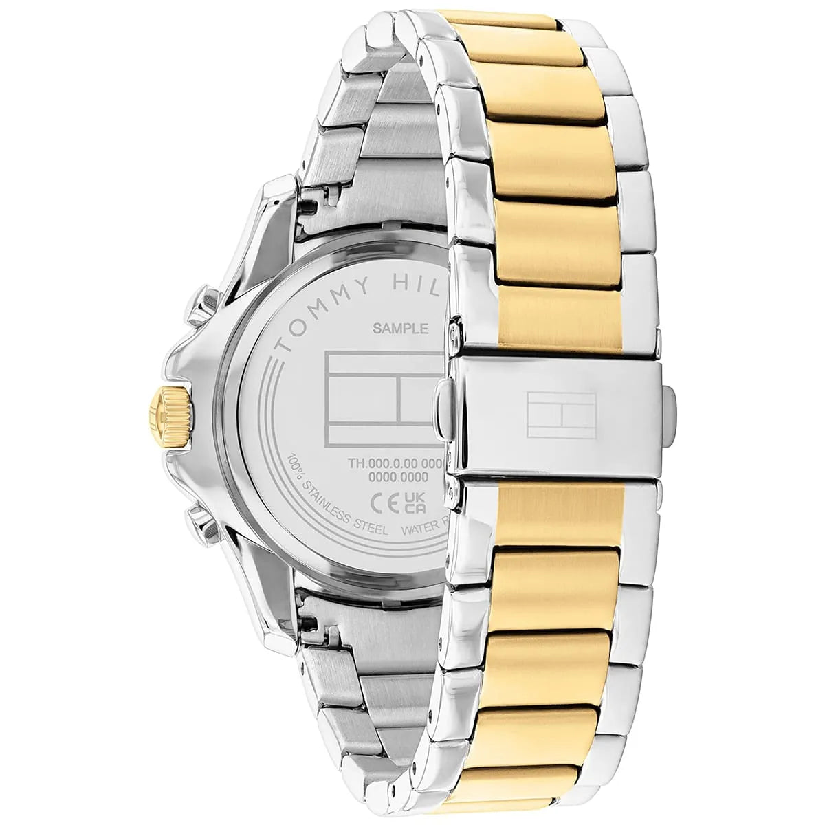 Tommy Hilfiger watch caseback showing stainless steel two-tone bracelet and case detail