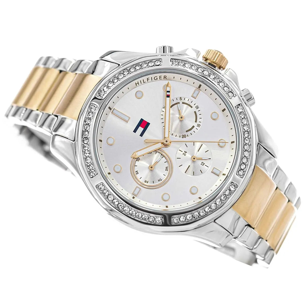 Close-up of Tommy Hilfiger women's watch dial with chronograph subdials and crystal bezel