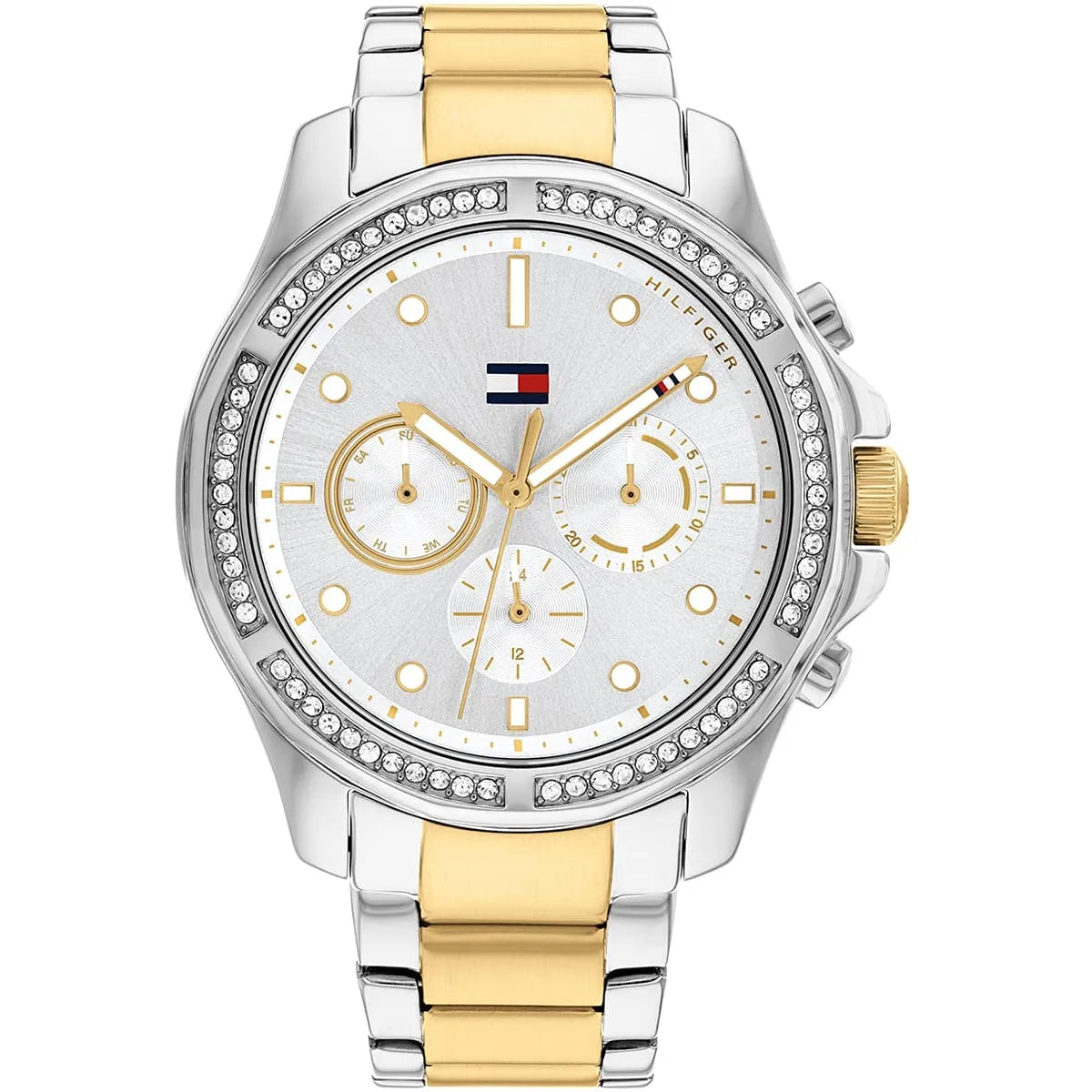 Tommy Hilfiger women's watch with silver chronograph dial, two-tone stainless steel and gold-plated bracelet