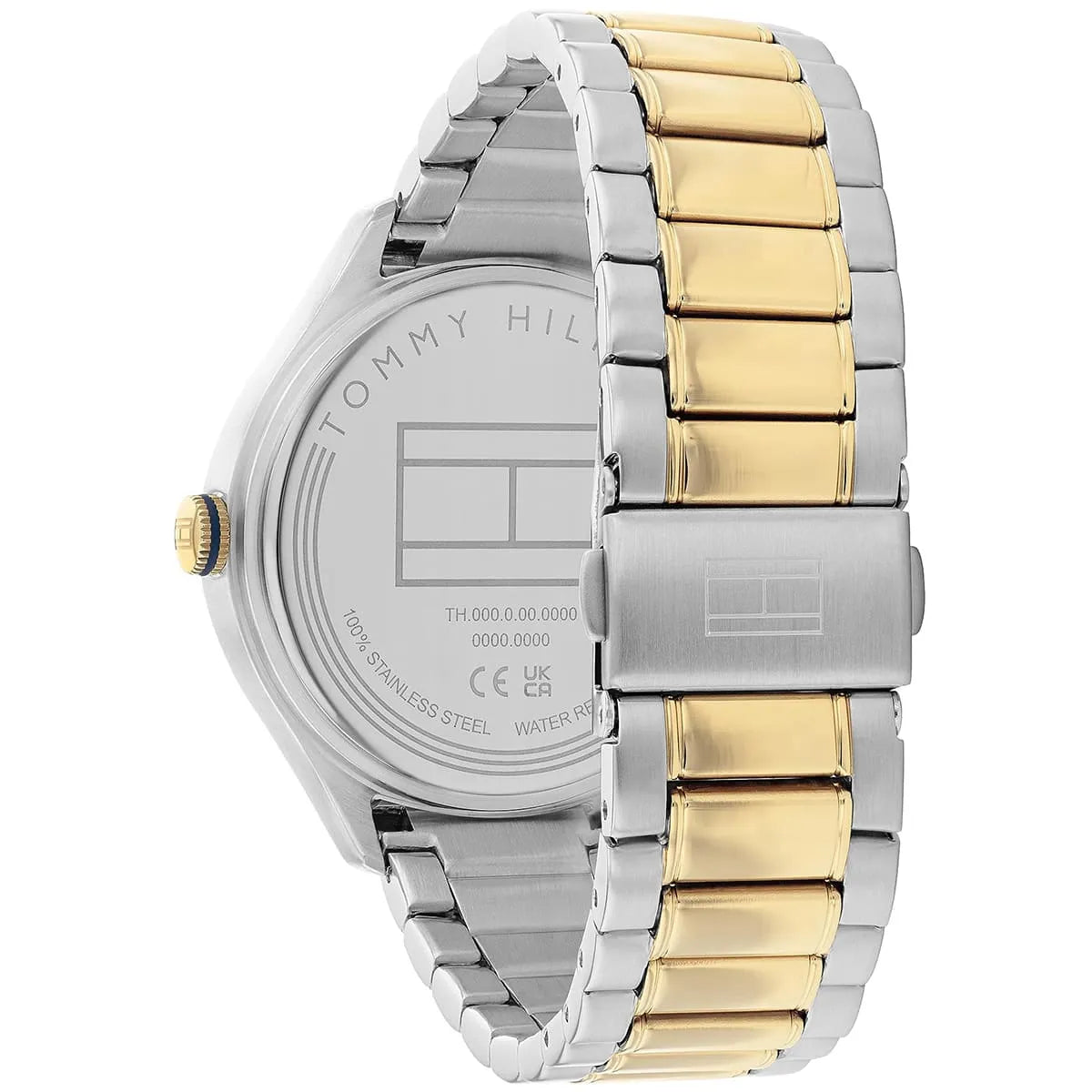 Case back of Tommy Hilfiger Lexi watch with stainless steel two-tone bracelet visible