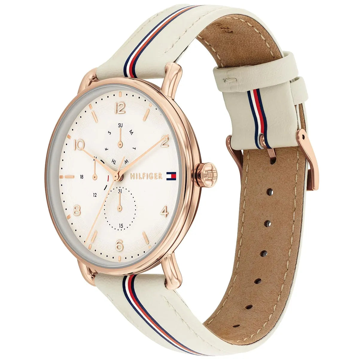 Side view of Tommy Hilfiger Lily watch showing cream and tan leather strap with decorative stripe