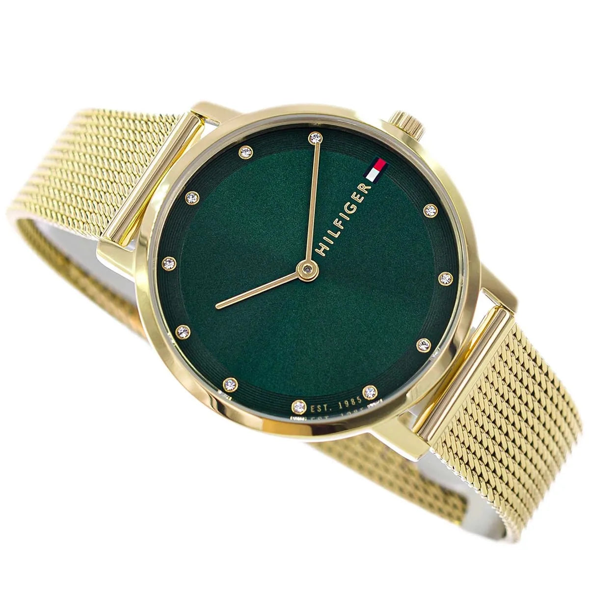 Tommy Hilfiger Pippa 34mm watch with green dial and crystal indices on mesh bracelet