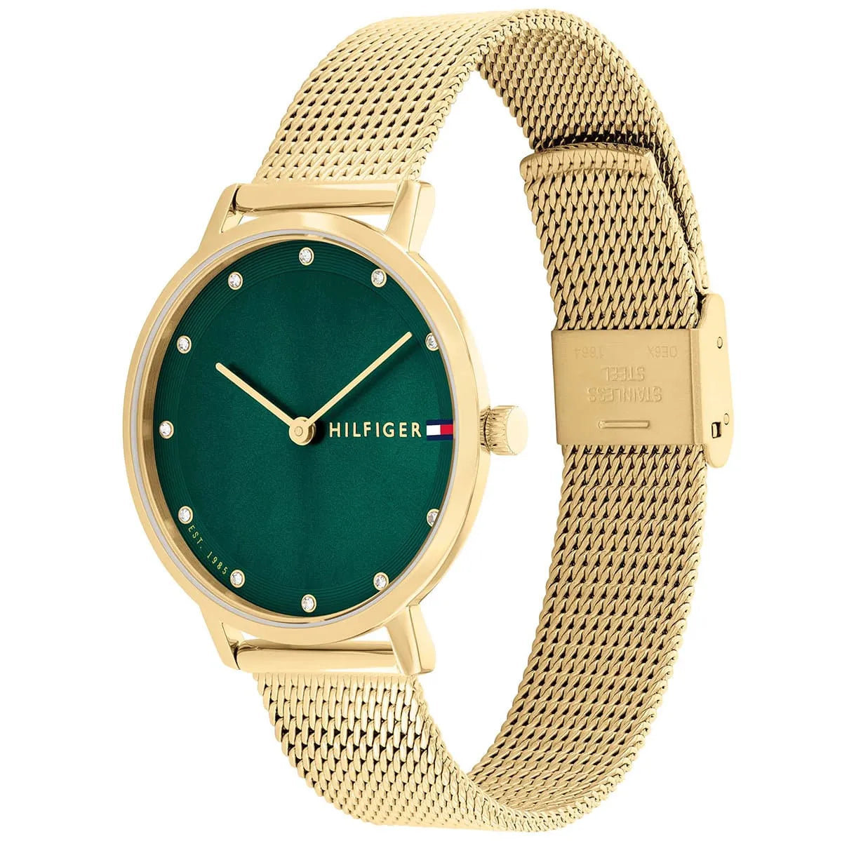 Tommy Hilfiger Pippa watch at angle showing green dial and gold mesh bracelet