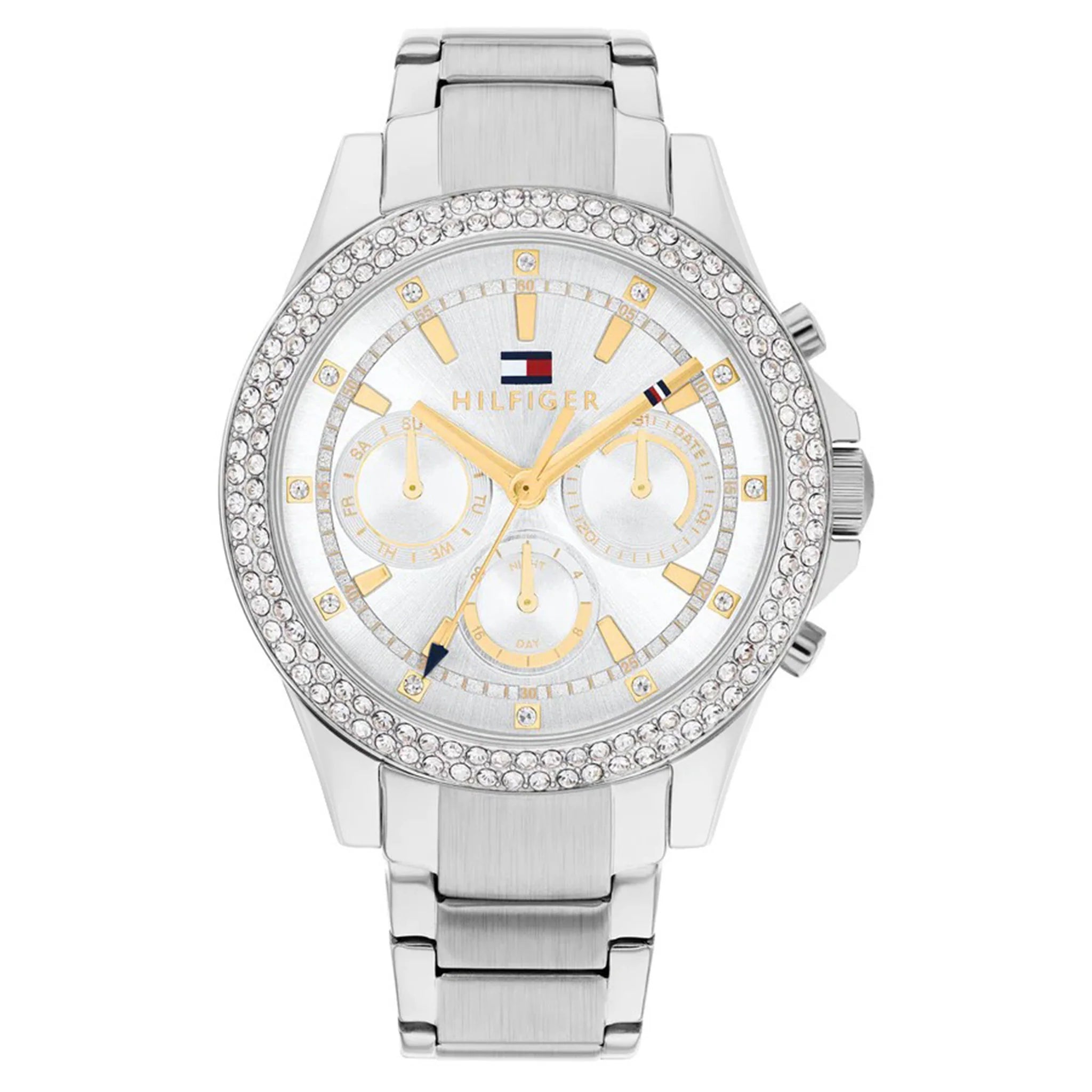 Tommy Hilfiger 1782677 men's chronograph watch with silver tone case, crystal bezel, white dial and steel bracelet