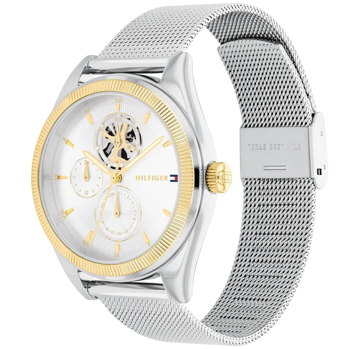 Tommy Hilfiger Monica watch angled view showing case profile and mesh strap