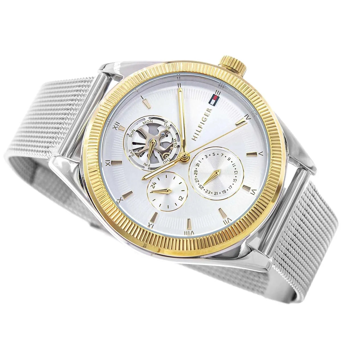 Close-up of Tommy Hilfiger Monica dial with skeleton window and subdials