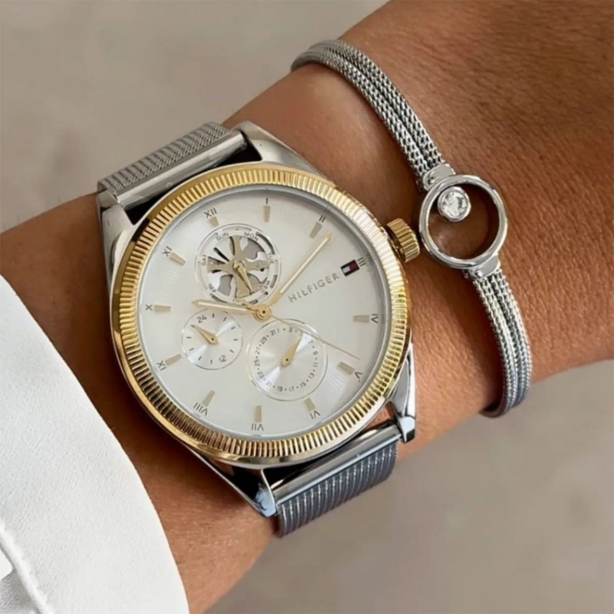 Tommy Hilfiger Monica ladies watch styled on wrist with bracelet