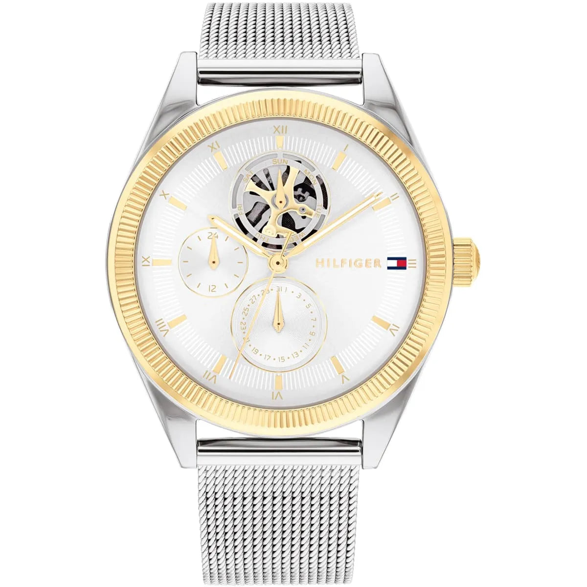 Tommy Hilfiger Monica ladies watch with white skeleton dial, gold bezel, and silver mesh strap