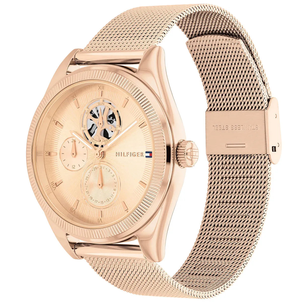 Tommy Hilfiger Monica watch angle view showing rose gold case and mesh strap