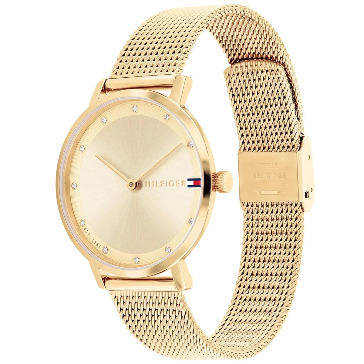 Tommy Hilfiger Pippa watch angled view showing case, dial, and mesh strap
