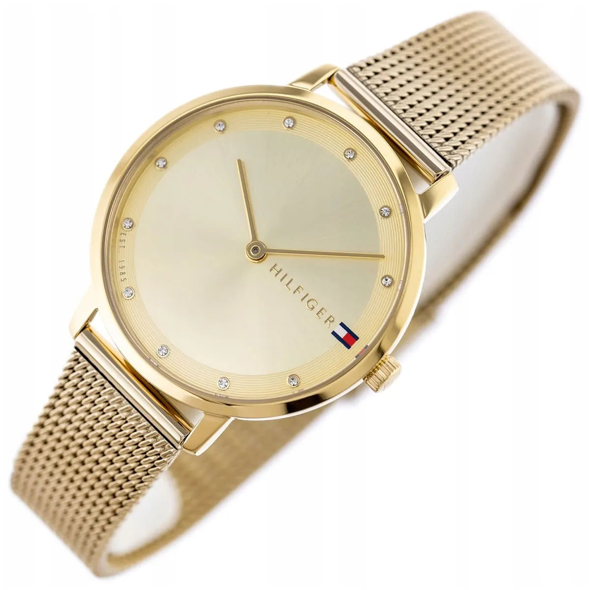 Tommy Hilfiger Pippa watch side view showing case profile and golden mesh strap