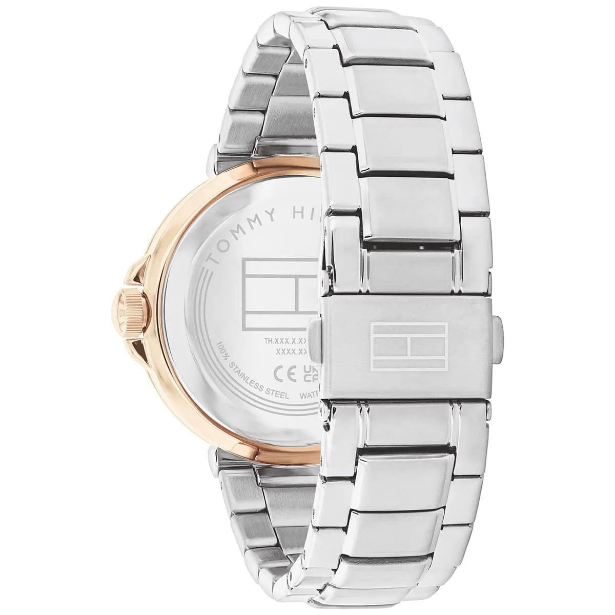 Case back of Tommy Hilfiger watch displaying brand engraving and specifications