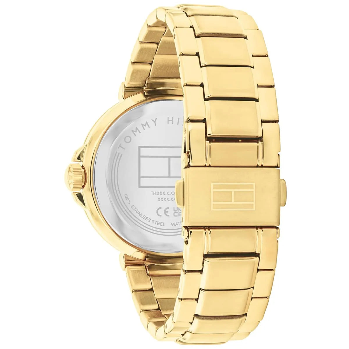 Tommy Hilfiger watch caseback showing gold steel construction and watch specifications