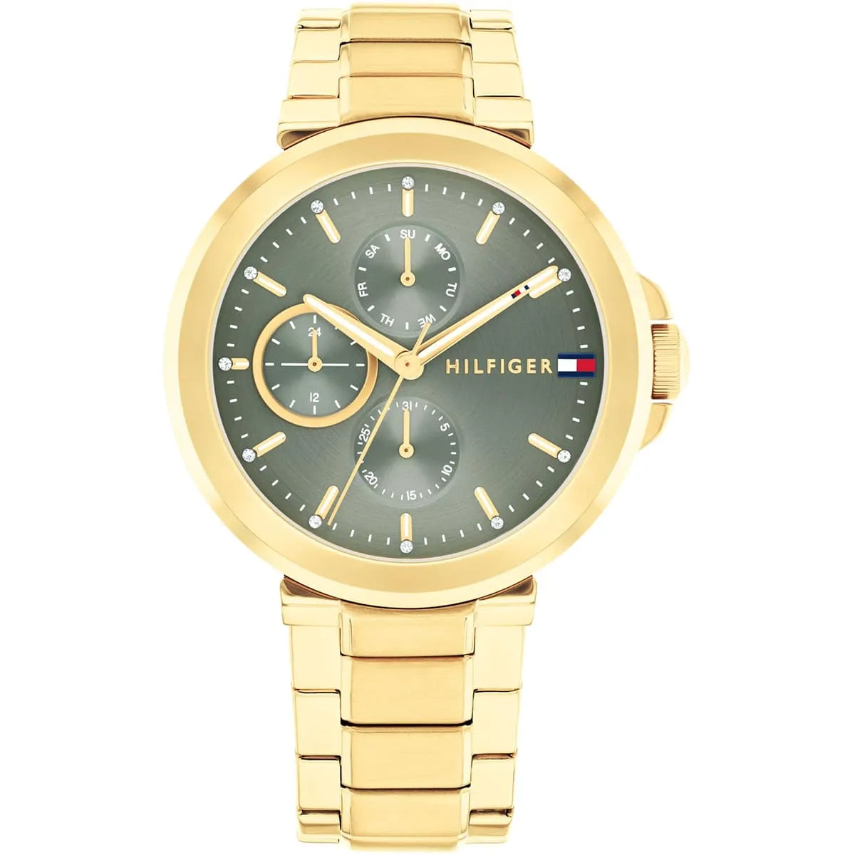 Tommy Hilfiger women's watch with green dial, gold case and bracelet, multifunction subdials