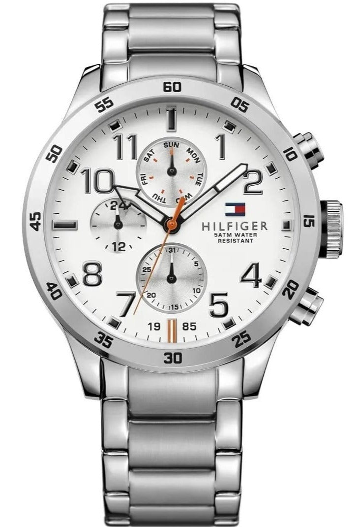 Tommy Hilfiger Trent multi-function chronograph watch with white dial and stainless steel bracelet