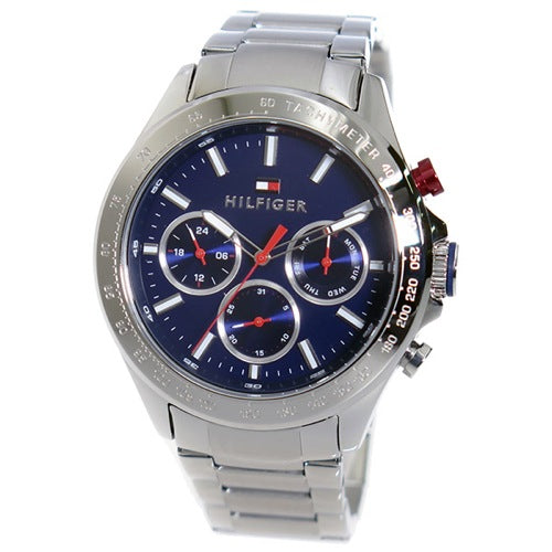 Tommy Hilfiger Hudson men's chronograph watch at angle showing dial with sub-dials