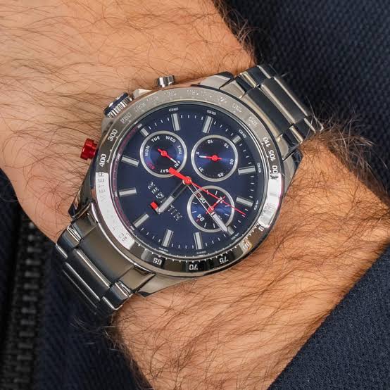 Tommy Hilfiger Hudson chronograph watch worn on wrist showing blue dial and tachymeter